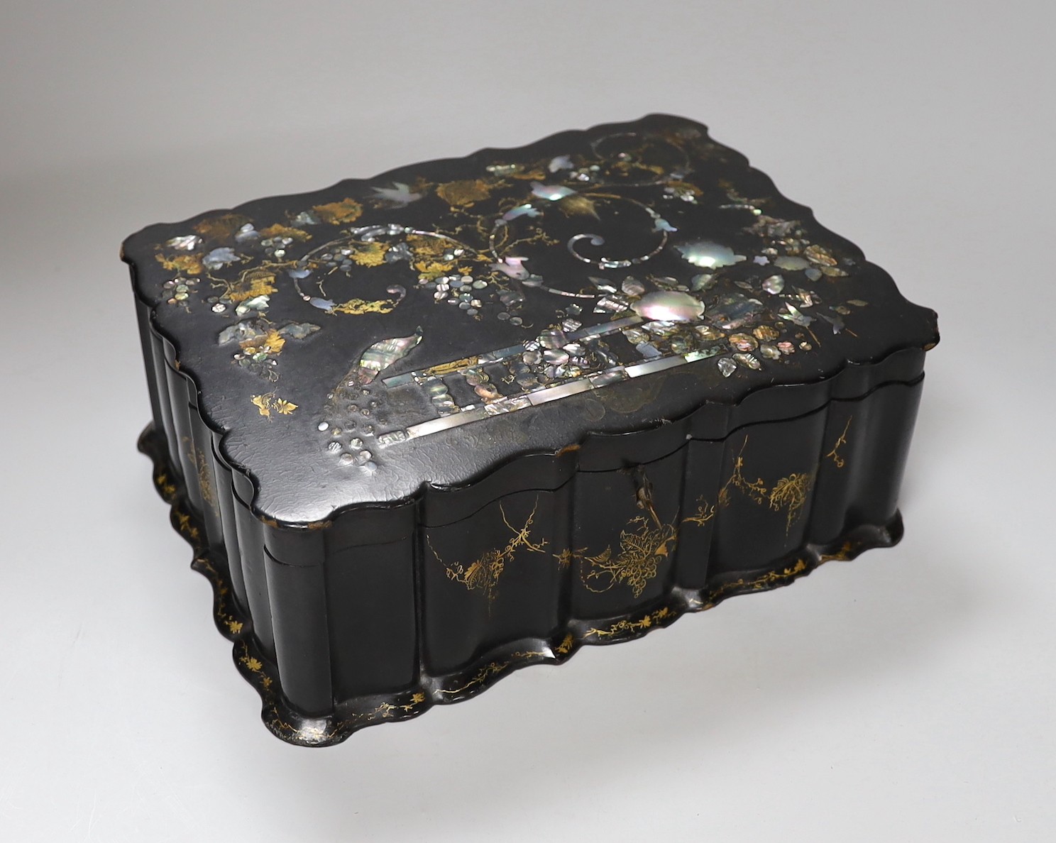 A Victorian papier mache workbox and contents, 32cm
